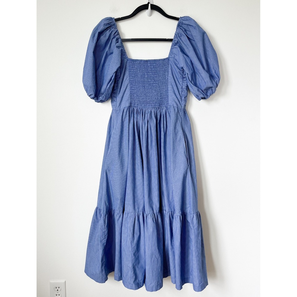 Abercrombie & Fitch Emerson Puff Sleeve Midi Dress Blue Pintstripe Womens Small - Picture 6 of 13